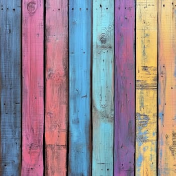 Vibrant wooden planks showcase a beautiful blend of colors, including shades of pink, blue, yellow, and purple. This background is ideal for artistic and creative endeavors.