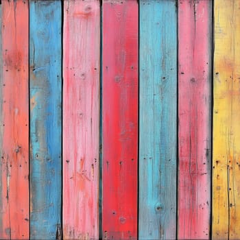 Vibrant wooden planks in shades of blue, pink, and yellow form a cheerful and inviting background, perfect for enhancing outdoor gatherings or artistic displays.