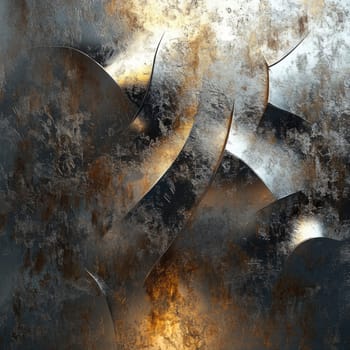 Intricate patterns emerge from a blend of polished and rusted metal surfaces, showcasing a dynamic interplay of light and texture. This artwork captures a vivid depth and richness.
