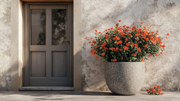 A large pot filled with vibrant orange flowers is placed beside a rustic wooden door. Natural light enhances the earthy tones of the surroundings, creating a peaceful atmosphere.