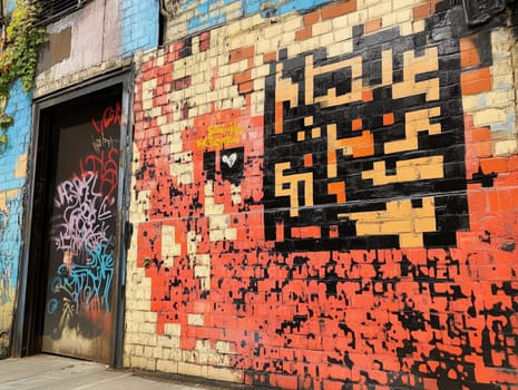 Colorful graffiti covers a crumbling brick wall, showcasing geometric designs and various tags near a worn doorway. This urban artwork reflects creativity and individuality.