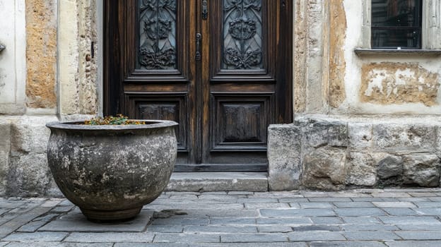 A weathered stone pot sits beside an intricately carved wooden door, showcasing the charm of a cobblestone street in a historic district. The surroundings reflect a deep sense of history.