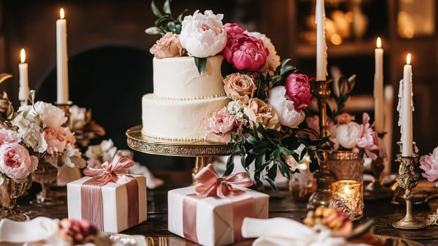 Delightful garden Birthday celebration featuring floral cakes, pastel gift wrap, vintage teaware, and soft bunting, evoking a tender, joyful birthday gathering in an English countryside garden