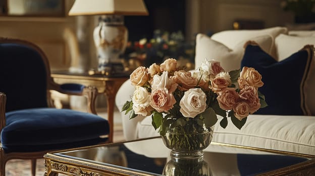 Refined English interiors with soft neutral tones, botanical art, fresh florals, classic panelled walls, and elegant furnishings for a feminine yet timeless home atmosphere