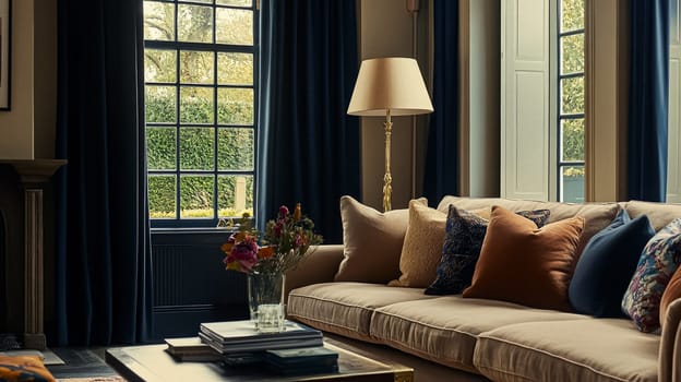 Refined English interiors with soft neutral tones, botanical art, fresh florals, classic panelled walls, and elegant furnishings for a feminine yet timeless home atmosphere