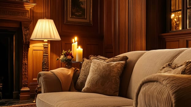 Refined English interiors with soft neutral tones, botanical art, fresh florals, classic panelled walls, and elegant furnishings for a feminine yet timeless home atmosphere