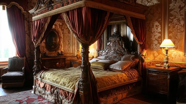 Opulent Baroque interiors with gilded four-poster beds, floral drapes, ornate furniture, and classical detailing, capturing a romantic old-world charm fit for an English noble manor