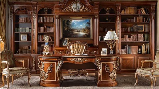 Opulent Baroque interiors with gilded four-poster beds, floral drapes, ornate furniture, and classical detailing, capturing a romantic old-world charm fit for an English noble manor