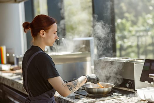 A passionate chef skillfully prepares delicious meals in a stylish kitchen, showcasing their culinary artistry