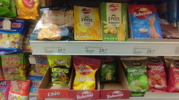 October 22 2024 Hradec Kralove, Czech Republic Europe, Kralov region, Kralovehradecky kraj, Grocery store shelves editorial market shop food shopping commercial industry. High quality photo