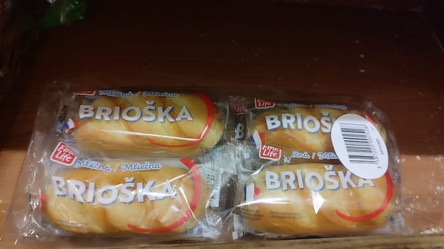 October 22 2024 Hradec Kralove, Czech Republic Europe, Kralov region, Kralovehradecky kraj, Packaged sweet bread Brioska brand shop sale shopping centre near market place business commercial editorial business lunch shotlisttravel . High quality photo