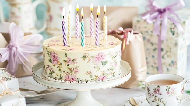 Delightful garden Birthday celebration featuring floral cakes, pastel gift wrap, vintage teaware, and soft bunting, evoking a tender, joyful birthday gathering in an English countryside garden