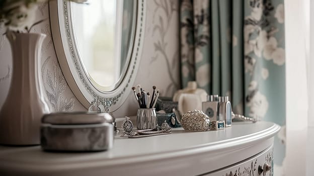 Refined English interiors with soft neutral tones, botanical art, fresh florals, classic panelled walls, and elegant furnishings for a feminine yet timeless home atmosphere
