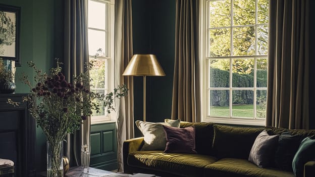 Refined English interiors with soft neutral tones, botanical art, fresh florals, classic panelled walls, and elegant furnishings for a feminine yet timeless home atmosphere