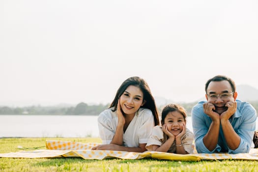 Asian family father mother and daughter lying on blanket spring meadow field grass in park cheerful sweet kid girl, parents and child picnic enjoying outdoors sunset time together, Family relaxation