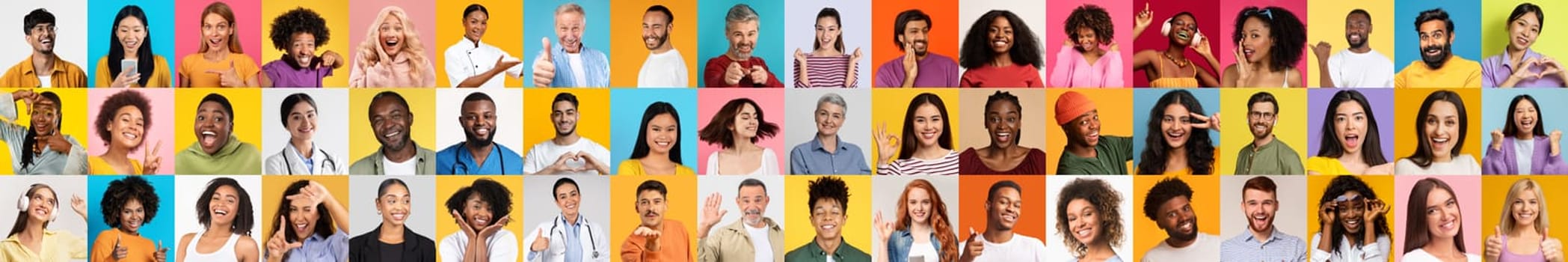 A colorful collection of diverse individuals displaying joy and excitement in a lively collage. Each person reflects a unique background and personality, contributing to the celebration of diversity.