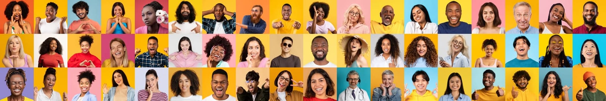 A vibrant collage showcasing smiling, diverse individuals. Each portrait reflects unique backgrounds and expressions, emphasizing joy and unity amidst a colorful backdrop.
