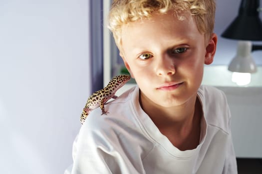 A young boy in a white shirt sits calmly with a leopard gecko perched on his shoulder, enjoying a quiet moment in his brightly lit room during the afternoon.
