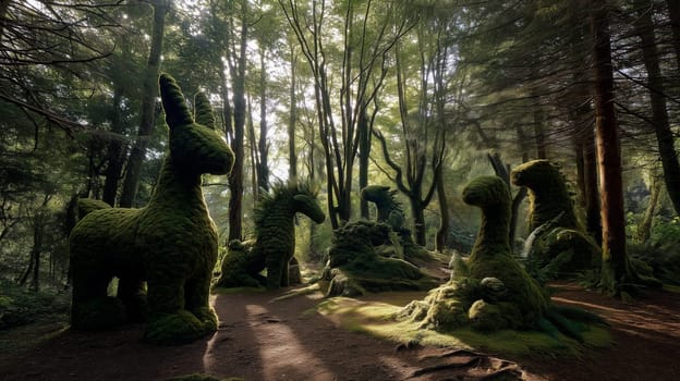 Giant animal sculptures made of moss stand in a serene forest, surrounded by tall trees and dappled sunlight filtering through the leaves. The atmosphere is calm and enchanting.