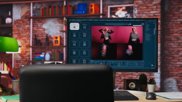 Computer in home office showing program converting text prompts into photo output. Text to image generative models AI tech software on computer display in cozy bright apartment