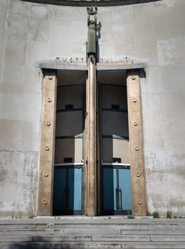 France, Paris - May 03, 2025 - Magnificent entrance facade door of The Musee d'Art Moderne de la Ville de Paris (the City of Paris Museum of Modern Art) is located in the 1937 Palais de Tokyo building. use it as your Wallpaper, Poster and Space for text, Selective focus.