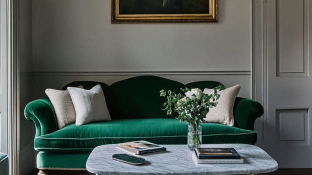 Refined English interiors with soft neutral tones, botanical art, fresh florals, classic panelled walls, and elegant furnishings for a feminine yet timeless home atmosphere