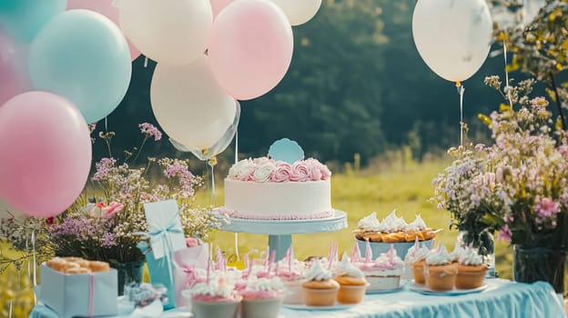 Delightful garden Birthday celebration featuring floral cakes, pastel gift wrap, vintage teaware, and soft bunting, evoking a tender, joyful birthday gathering in an English countryside garden