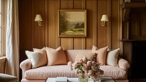 Refined English interiors with soft neutral tones, botanical art, fresh florals, classic panelled walls, and elegant furnishings for a feminine yet timeless home atmosphere