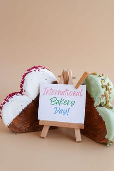 International bakery day greeting card Delicious fresh croissant topped with colorful flavor Ganache. Creation unique heart shape bakery. Puff pastry holiday love gift present idea. Copy space