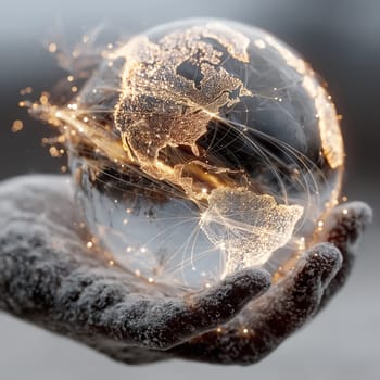 Futuristic glowing globe with North and South America resting in a snow-covered hand, symbolizing global connectivity, technology, and responsibility.