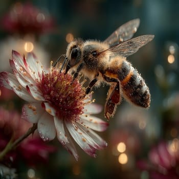 Macro shot of a honeybee gathering nectar on a dewy flower, showcasing intricate wing and pollen detail in a dreamy garden atmosphere.