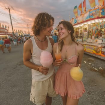 Young couple enjoying cotton candy and drinks while walking through a colorful carnival at sunset. Warm atmosphere, fun, and romance in the air.