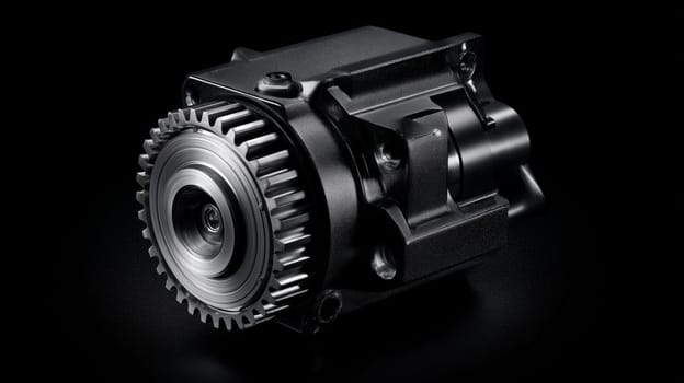 A detailed close-up of a mechanical automotive gear, showcasing its intricate design and precision, with a dark background emphasizing its details.