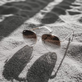 A pair of silver-framed sunglasses resting on the sand, with reflective lenses catching the sunlight, creating a tranquil beach atmosphere.