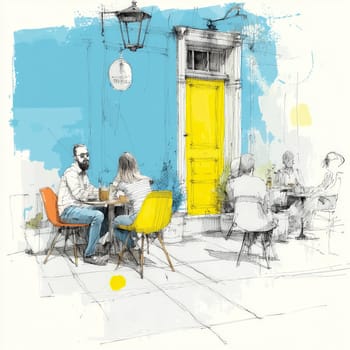 Hand-drawn style illustration showing people sitting at tables outside a cafe, with a bright yellow door and blue wall as colorful background accents.
