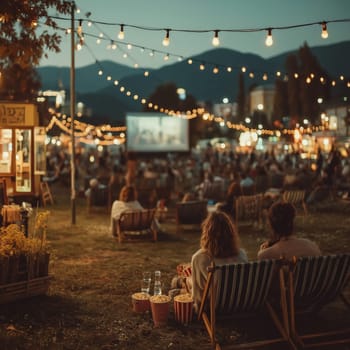 Large outdoor cinema event at sunset with people in deck chairs, popcorn, and festive string lights in a scenic mountain town.