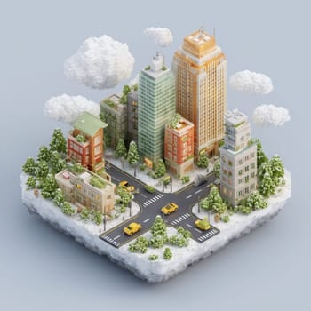 A detailed 3D cityscape featuring modern buildings, roads, and snowy landscapes with cars and trees.
