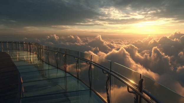A serene sunset view from a luxury cruise ship balcony, surrounded by clouds, reflecting warm golden light on the glass.