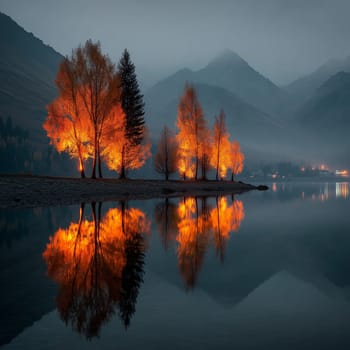 Brightly lit autumn trees reflect on a still lake surface, with misty mountains and village lights in the background at dusk.