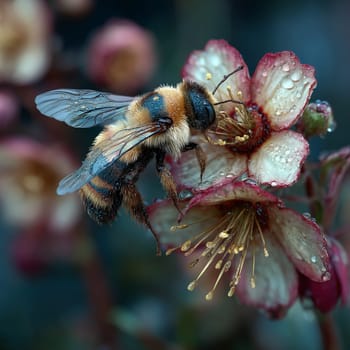 Close-up of a bumblebee gathering pollen from a flower covered in dewdrops, showcasing fine details of its wings, fur, and the delicate petals.