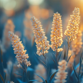 Close-up of golden yellow lupine flowers in a field at sunset, with blue-toned background and warm natural lighting.
