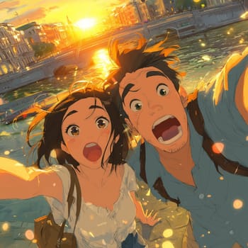 Excited animated couple taking a selfie by a river during a golden sunset, with wind in their hair and a cityscape in the background.