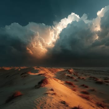 Low sunlight highlights sand dunes in a vast desert as dramatic storm clouds gather above, casting deep shadows across the arid landscape.