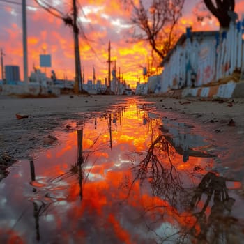 A stunning sunset reflected in a puddle on a city street, with vibrant orange and pink skies and trees mirrored in the water.