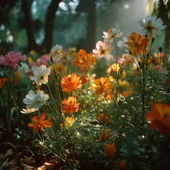 Colorful wildflowers in a lush forest clearing, illuminated by soft morning sunlight and surrounded by green foliage.