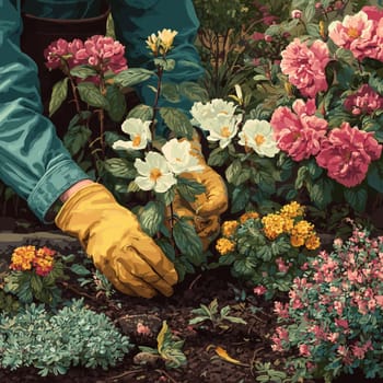 A gardener in yellow gloves plants colorful flowers like peonies, marigolds, and other blooms into the soil, nurturing the garden with care and attention.
