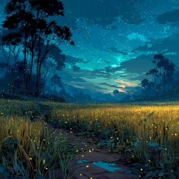 Magical night scene with fireflies illuminating a grassy field bordered by trees, beneath a starry sky with scattered clouds and a visible forest path.