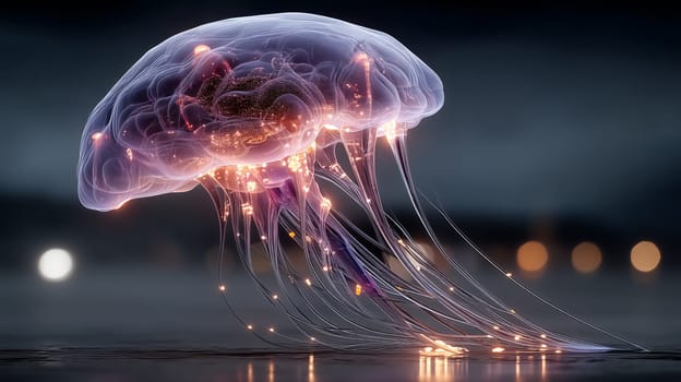 Conceptual digital illustration of a glowing brain-jellyfish hybrid with sparkling tentacles floating in a dark, dreamy environment.
