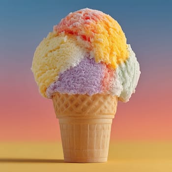 A vibrant, multi-colored scoop of ice cream with yellow, purple, orange, and green flavors on a waffle cone against a pastel gradient background.