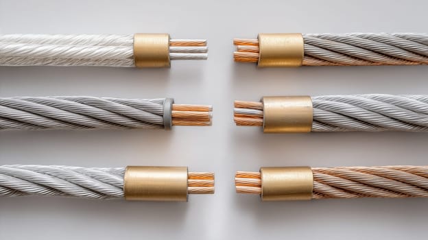 Neatly arranged aluminum and copper electrical cables with exposed twisted wire ends and metallic terminals on a neutral background.